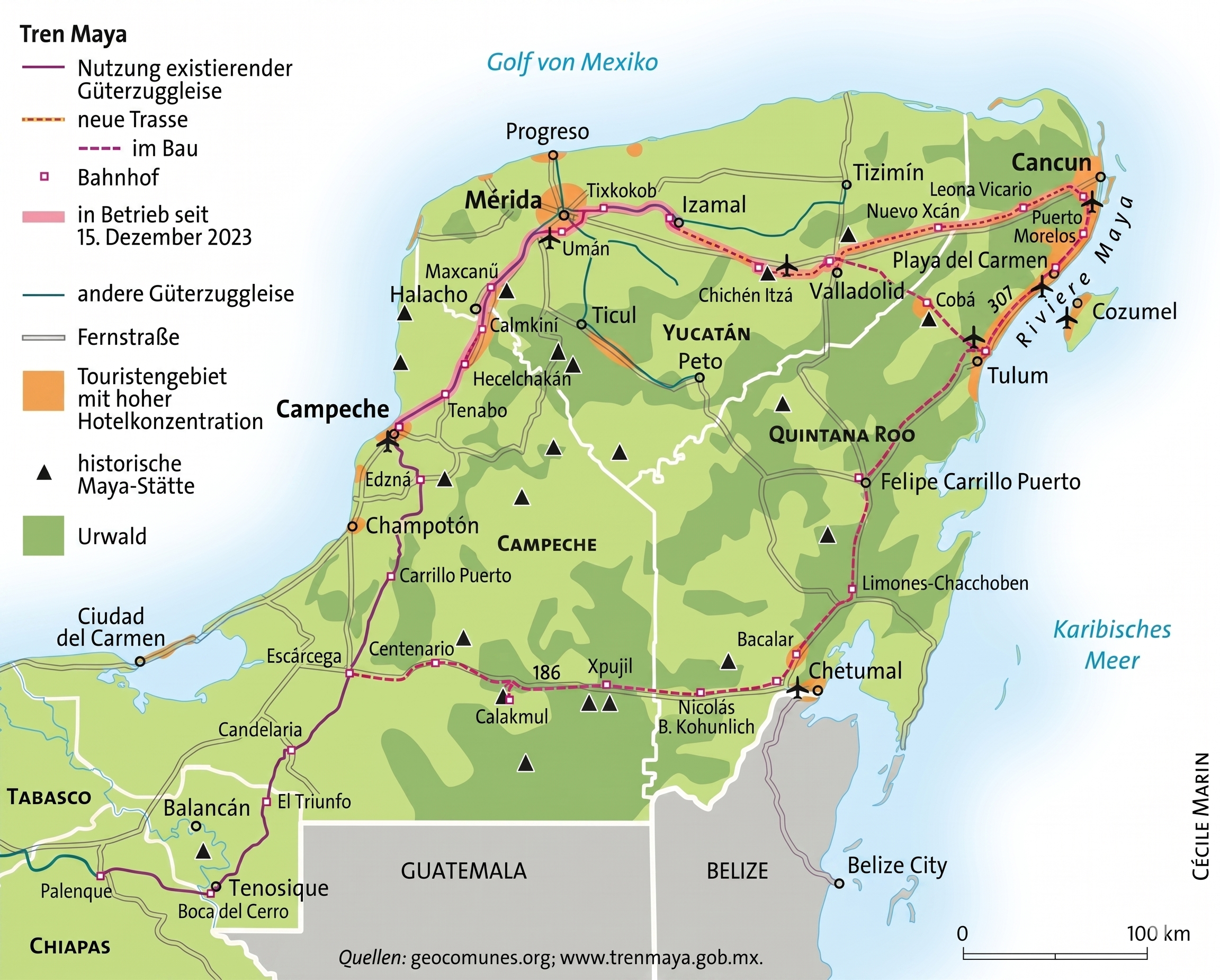 Detaillierte deutschsprachige Karte des mexikanischen Tren Maya-Projekts auf der Halbinsel Yucatán.